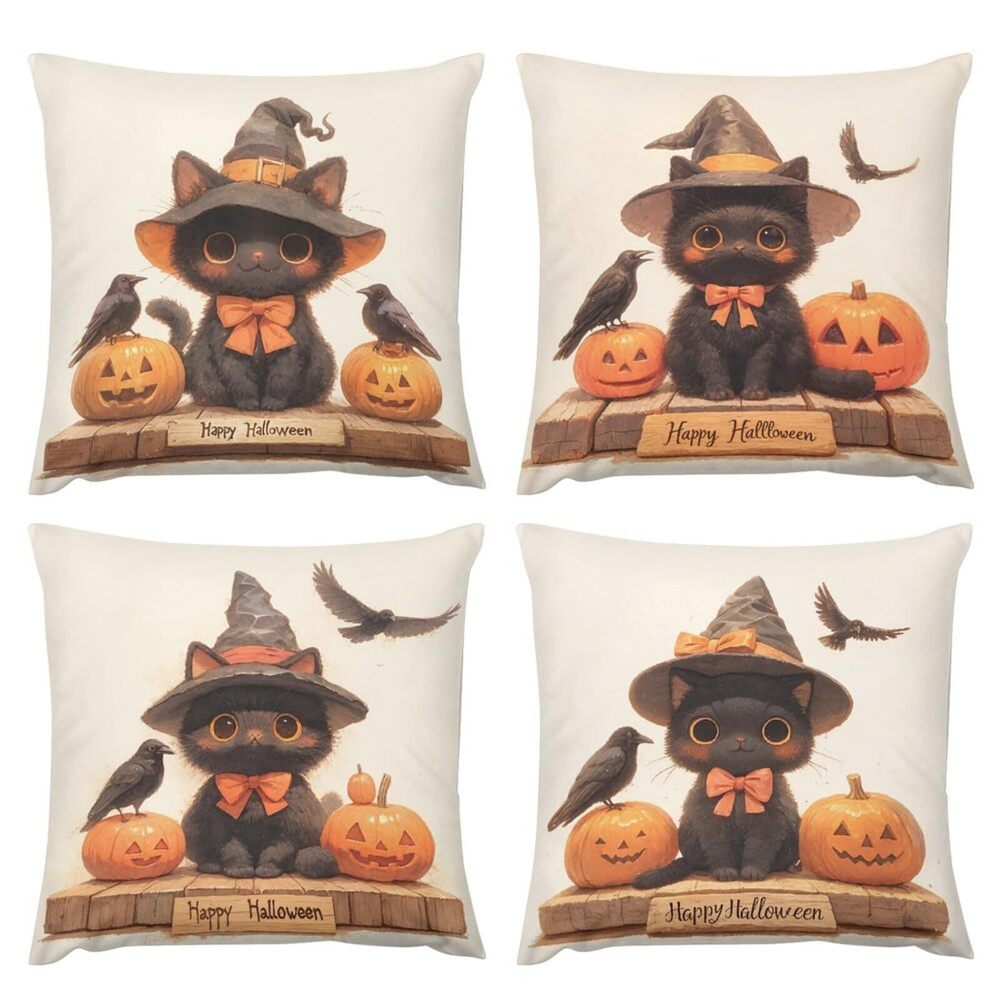 5175 Pack of 4 Fall Cute Black Kitten Pumpkin Decorative Throw Pillow